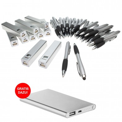 Werbe-Sparset: Powerbank Touch-Kugelschreiber, 211-tlg., Silber Werbe-Sparset: Powerbank Touch-Kugelschreiber, 211-tlg., Silber