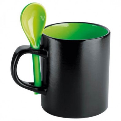 Keramiktasse mit Löffel Schwarz/Grün Keramiktasse mit Löffel Schwarz/Grün